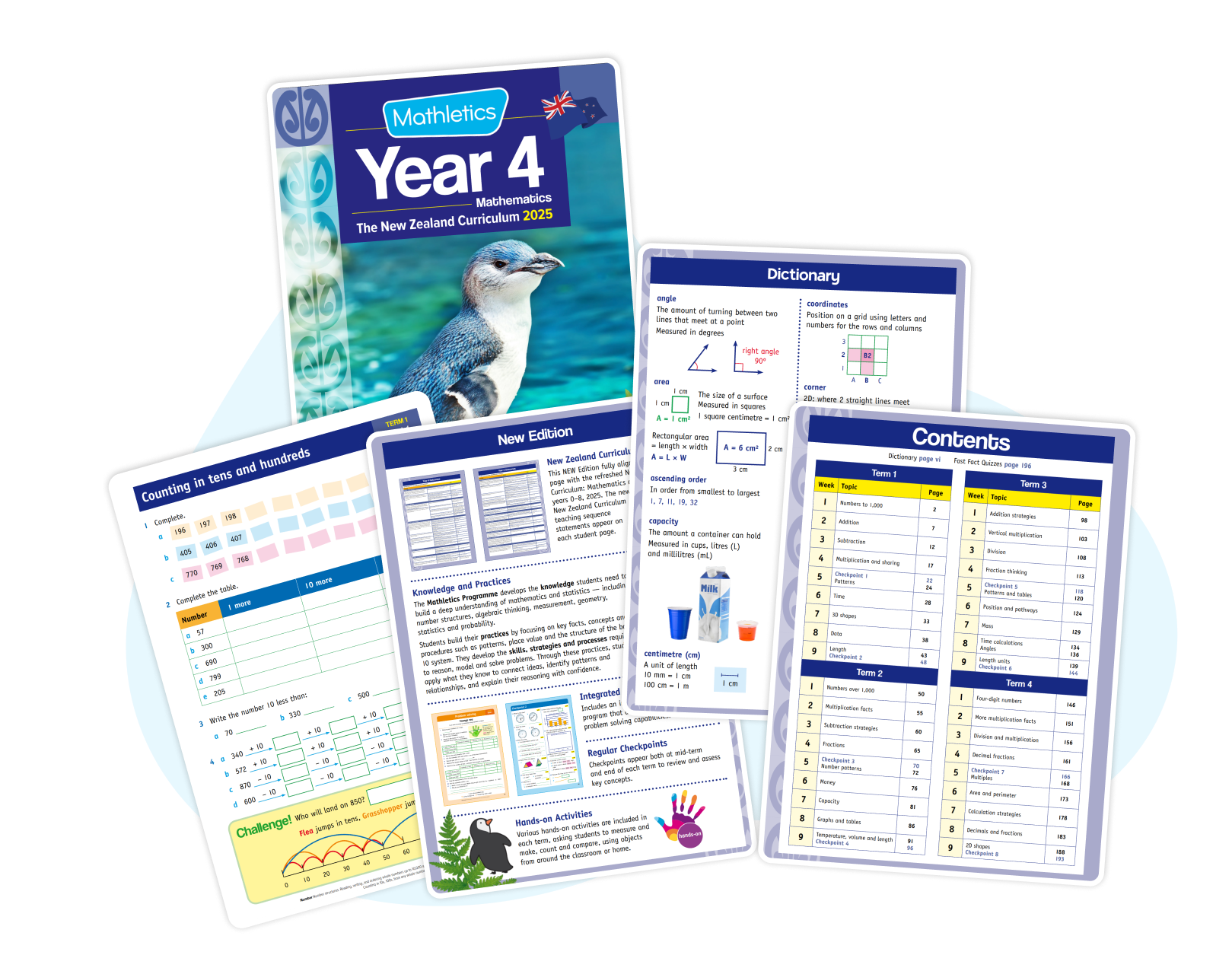 Inside the Mathletics Year 4 Student Workbook showing sample pages, contents, dictionary and activities