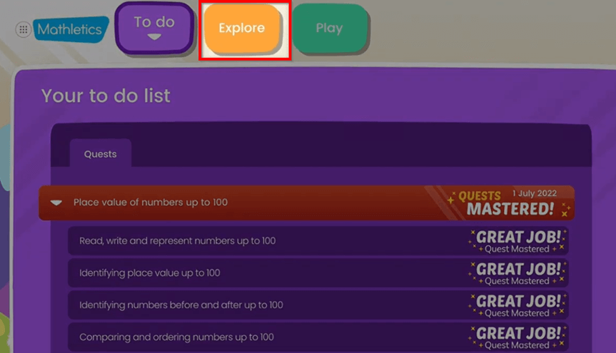 Mathletics Explore Tab