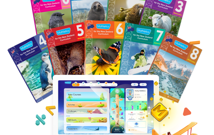 Mathletics Programme New Zealand Years 0-8 student workbooks and online learning platform on desktop