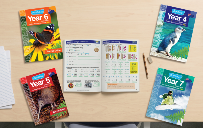 Mathletics New Zealand Curriculum workbooks for Years 4–7 on a desk, with an open spread showing addition using base-ten blocks.