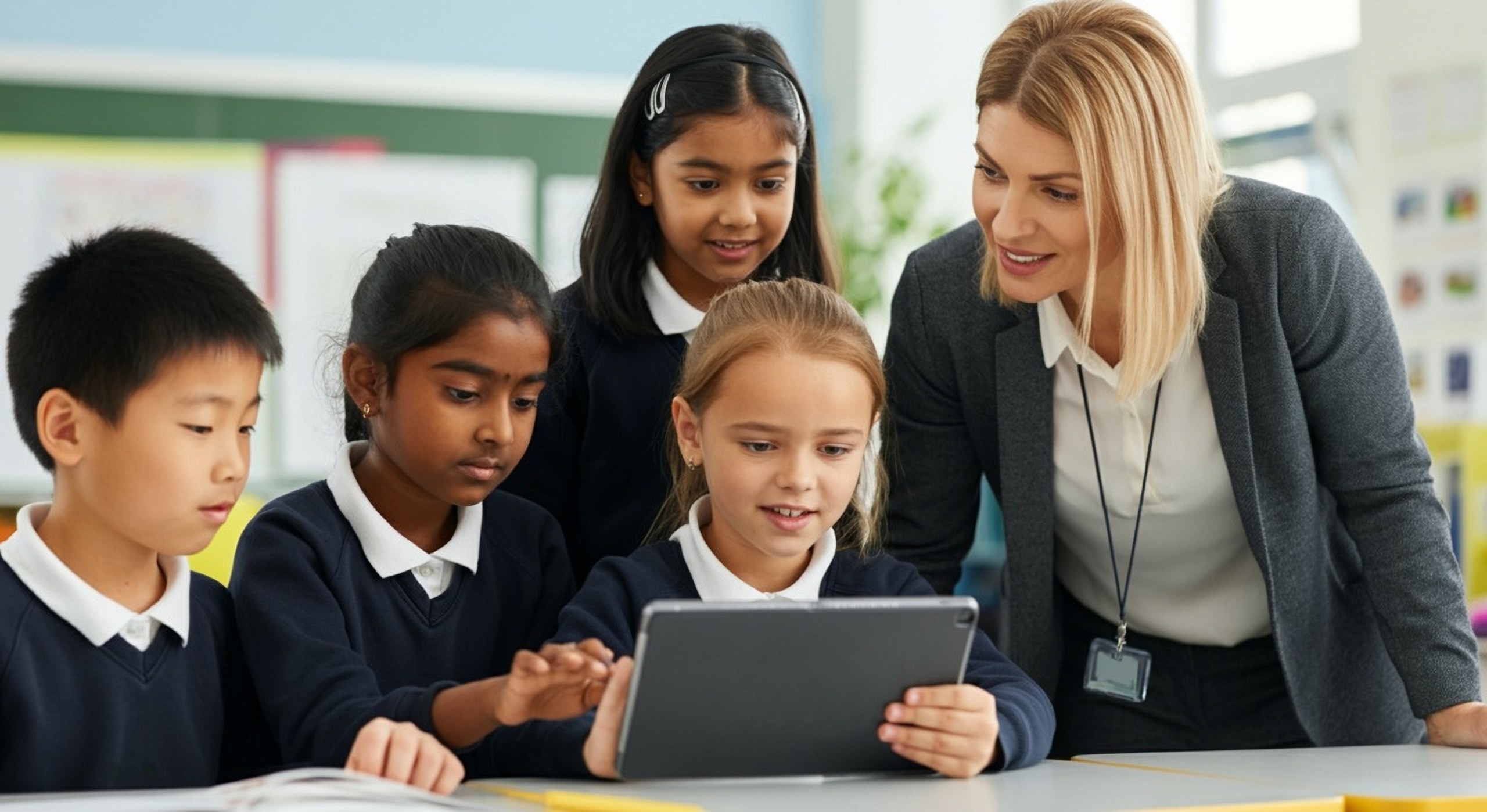 Teacher and students working together on a digital learning activity in the classroom